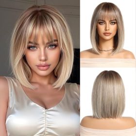 Blonde Wig With Bangs Short Bob Straight Wig For Women Synthetic Hair Wigs For Daily Party Cosplay Wear (Option: Ombre Blonde)