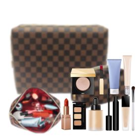 Brown checkered waterproof leather makeup square bag/flat bag 2-piece set, portable makeup travel makeup bag (Style: LVFB-2pcs)